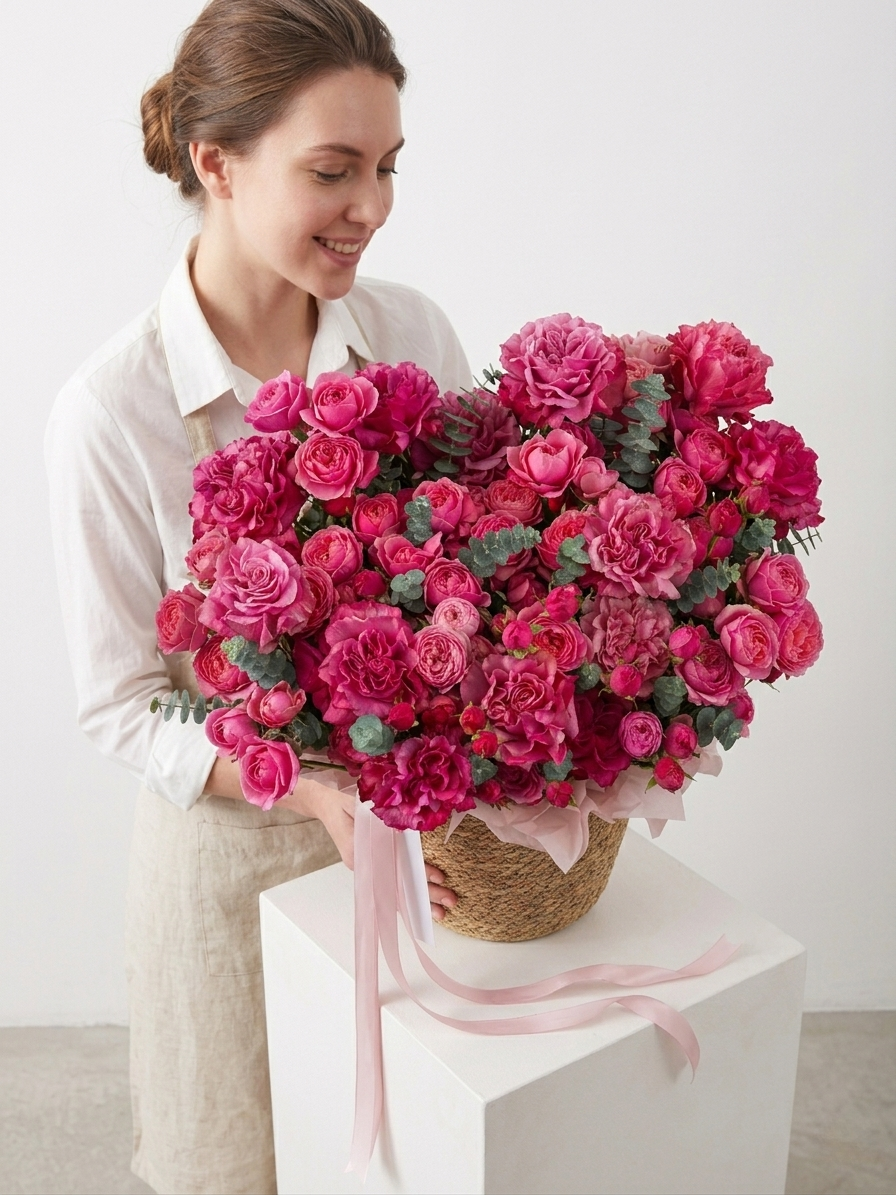Luxury Pink Garden Rose Basket