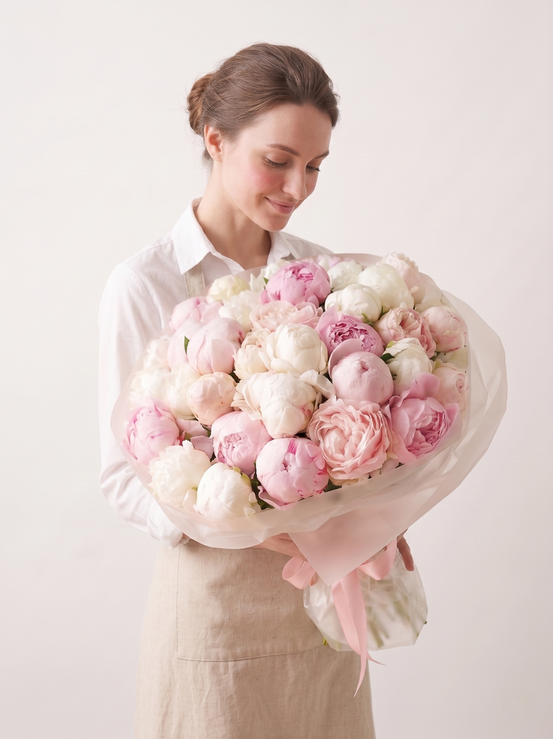 Woman holding a bouquet of pink and white flowers against a plain background