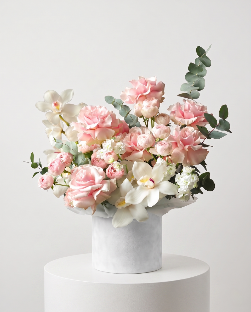 Bouquet of pink and white flowers in a white vase on a white pedestal against a light gray background