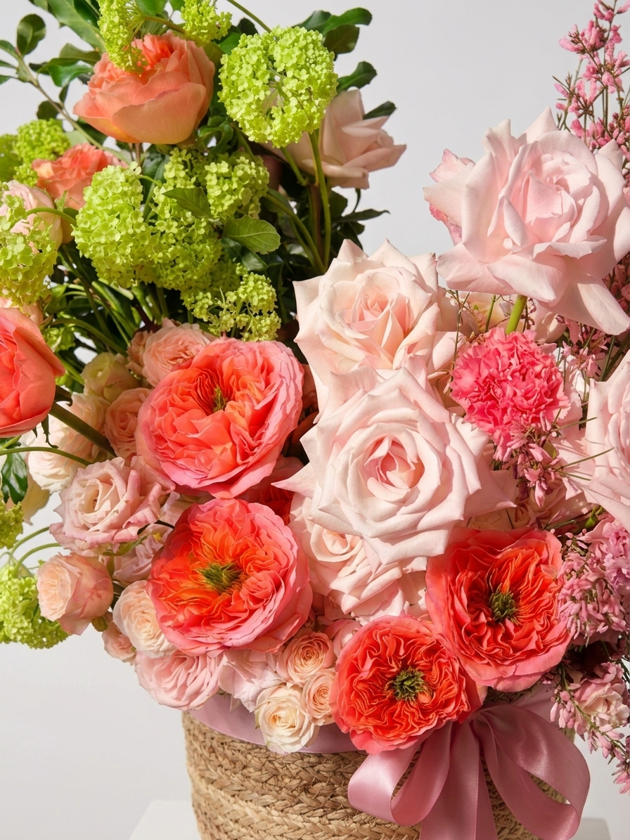 Garden-Style Pink & Peach Rose Basket