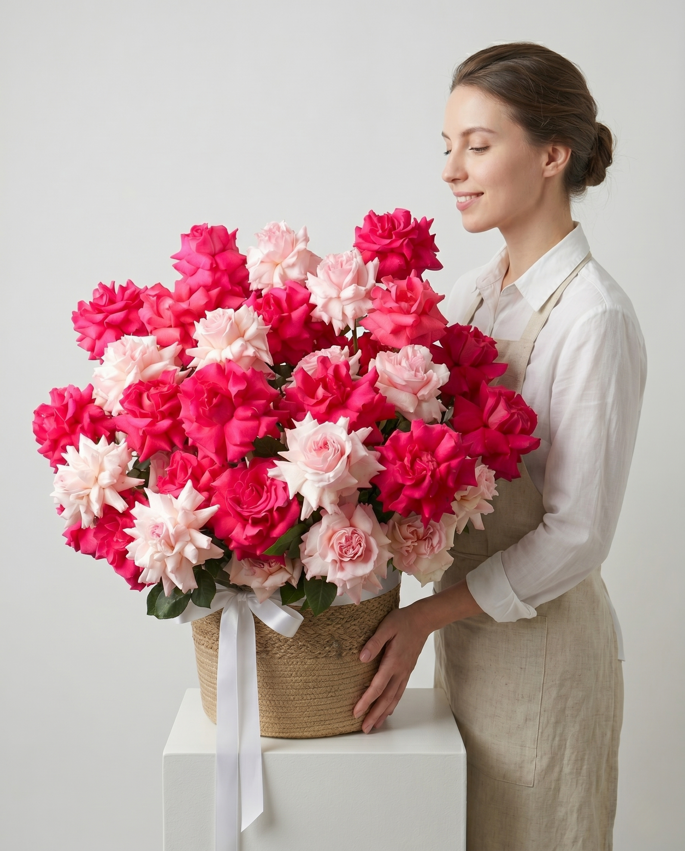 Luxurious French Rose Fuchsia & Blush in Wicker Basket — luxury flower delivery Miami