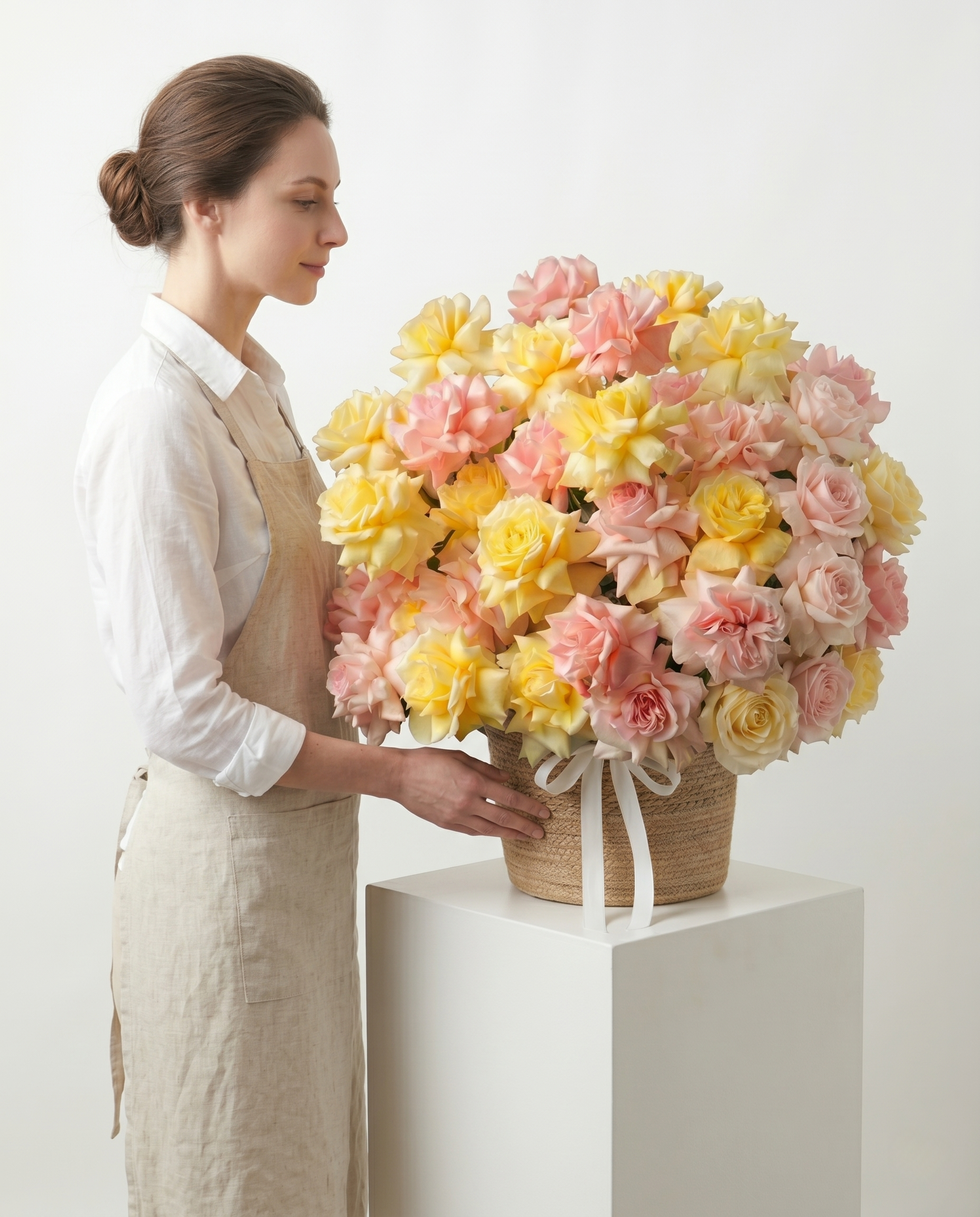 Woman holding a large bouquet of pink and yellow flowers on a white background