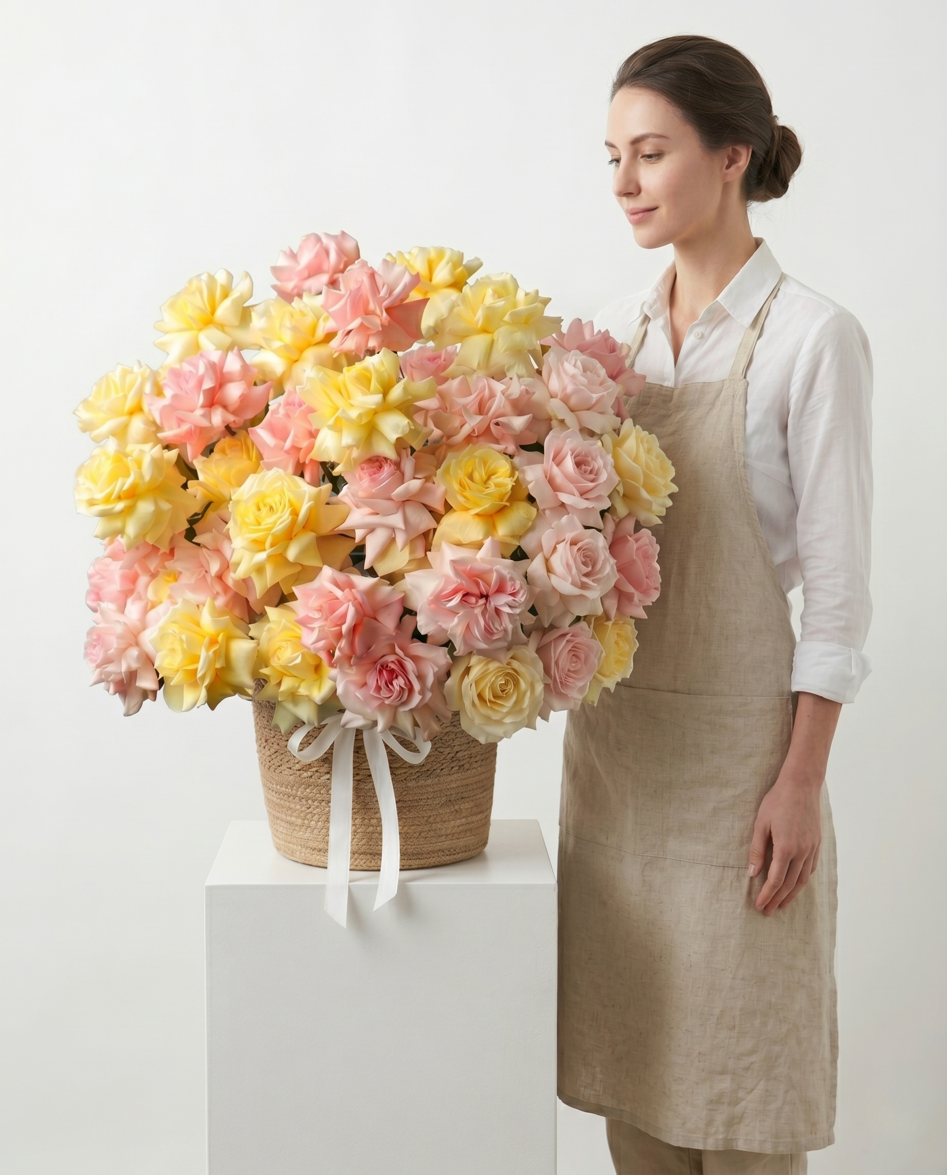 Woman in a beige apron standing next to a large bouquet of pink and yellow flowers on a white background