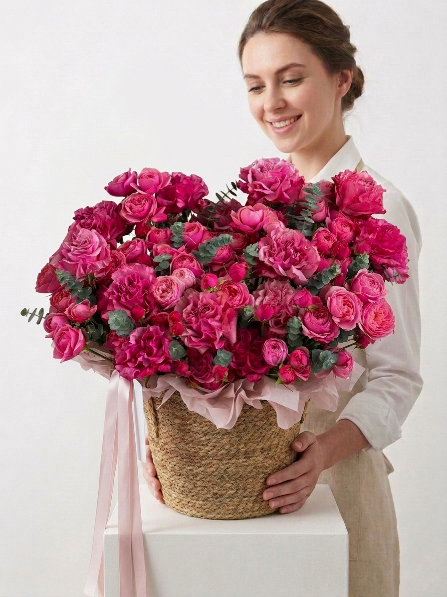 Luxury Pink Garden Rose Basket