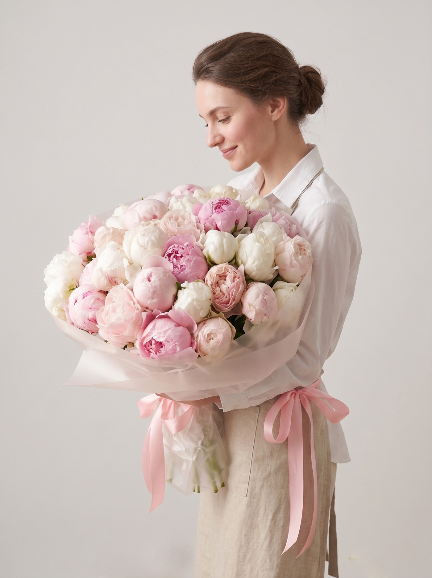 Florist with Signature Pink & White Peony Bouquet South Florida