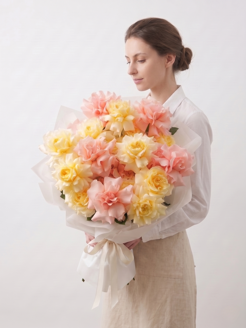 Woman holding a bouquet of pink and yellow flowers against a white background