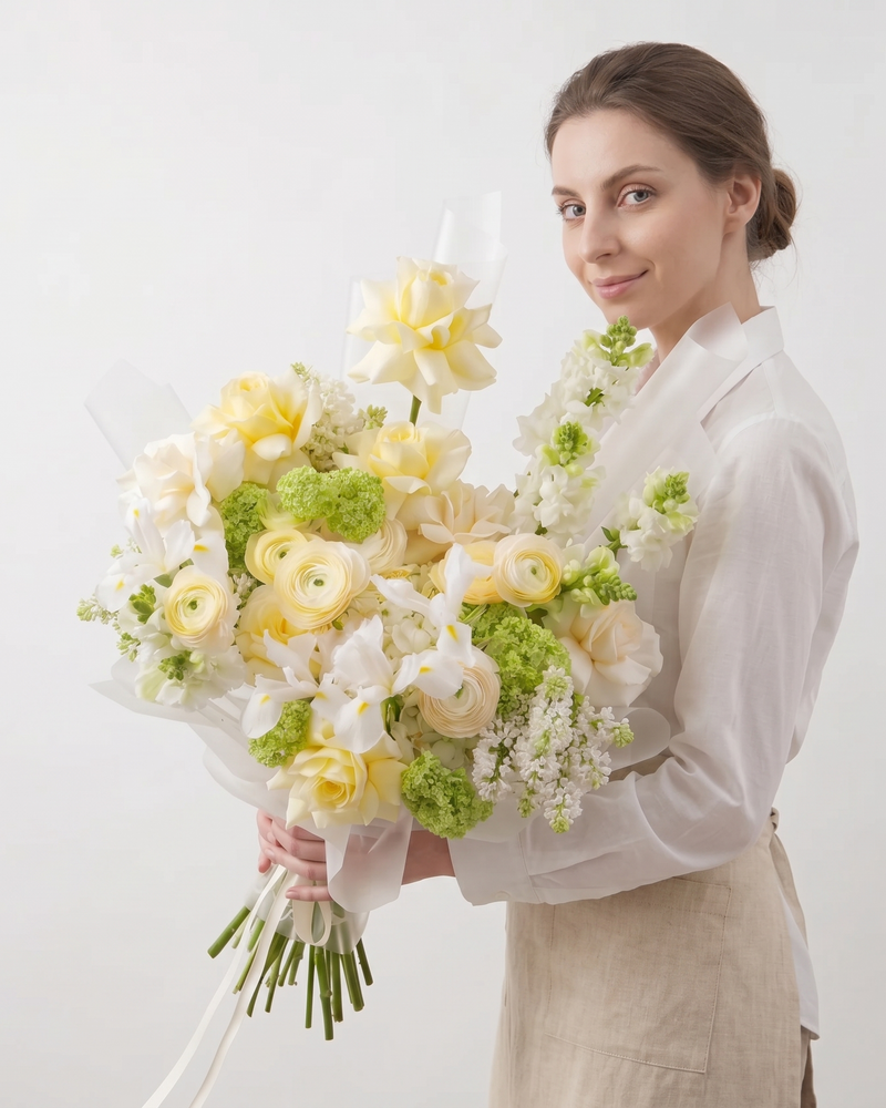Woman holding a bouquet of flowers against a white background