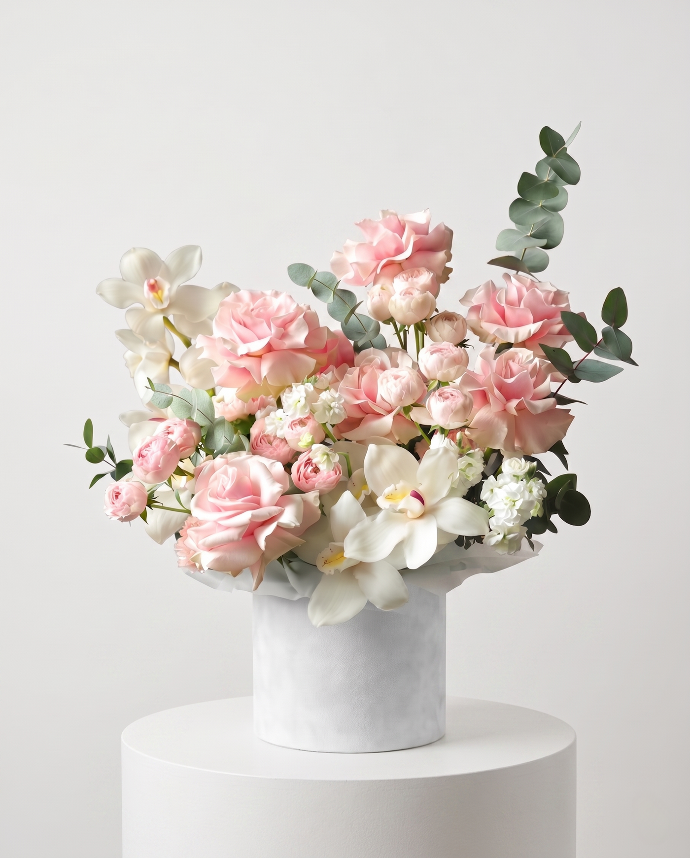 Pink Rose & White Orchid Box Arrangement — luxury flower delivery Miami