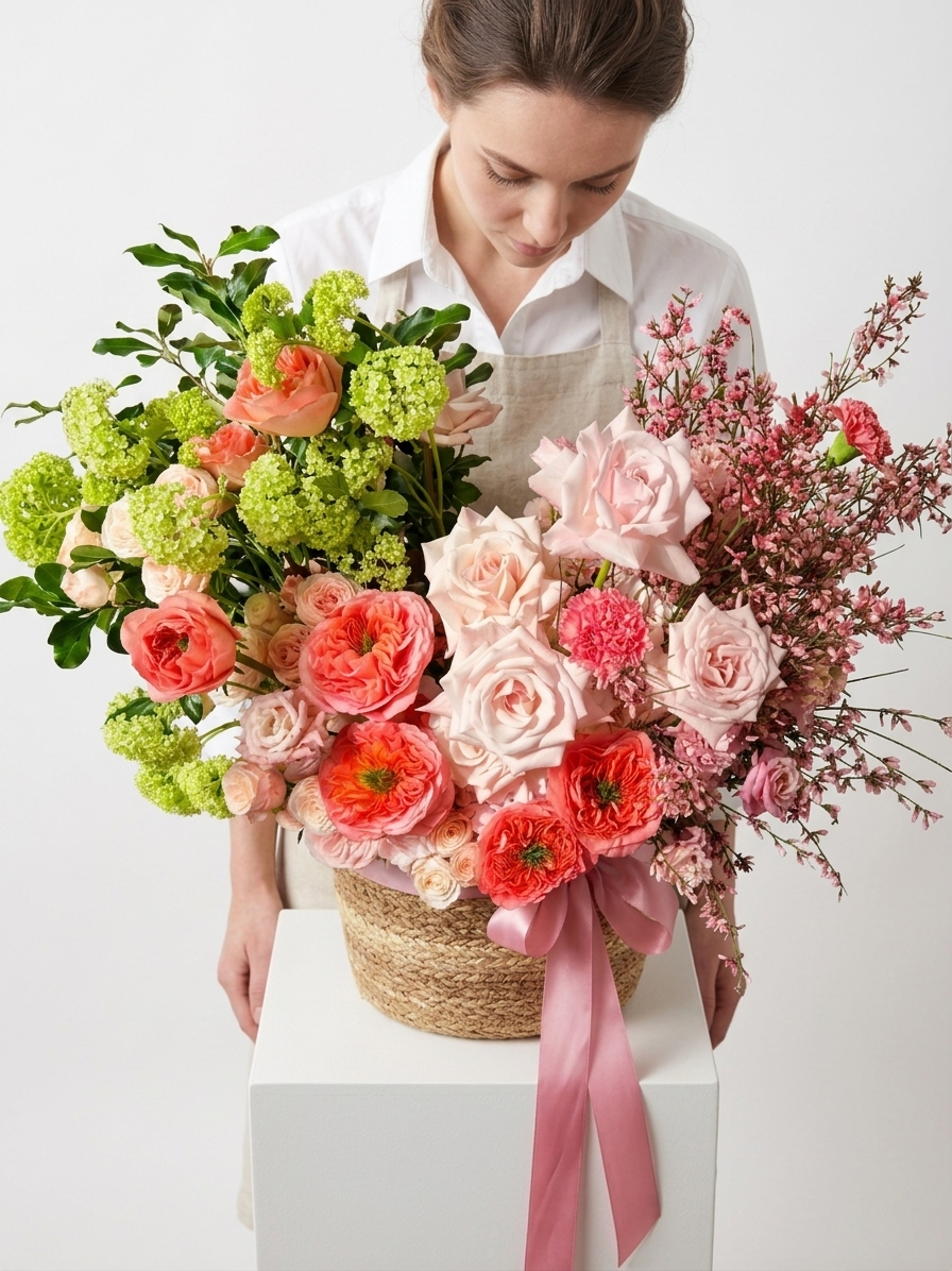 Garden-Style Pink & Peach Rose Basket