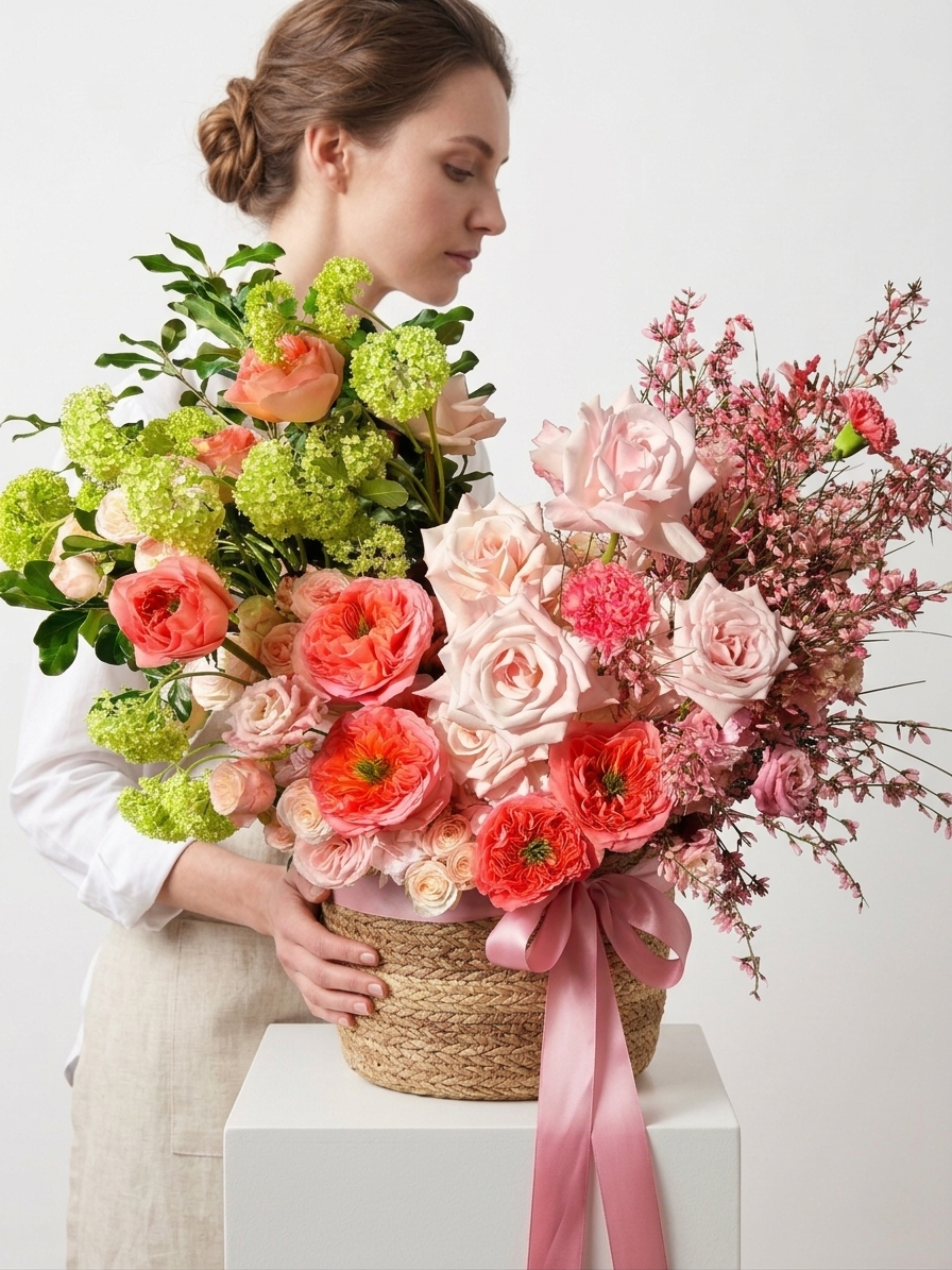 Garden-Style Pink & Peach Rose Basket